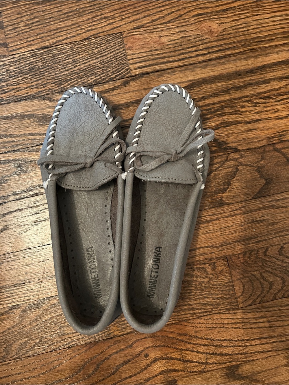 Minnetonka Gray Suede Moccasin with Contrast Whipstitch